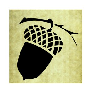 May include: A black silhouette of an acorn with a stem and cap on a beige background.