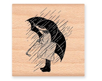 RAINY DAY Rubber Stamp~Little Girl with Umbrealla and Rain Boots~Wood Mounted Rubber Stamp (21-08)