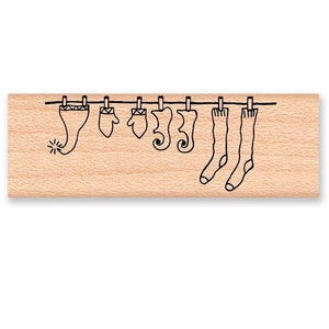 ELF LAUNDRY LINE Rubber Stamp~Nisse Christmas Hat Mittens Shoes Socks~Scandinavian Holiday Crafting~Wood Mounted Mountainside Crafts (01-17)