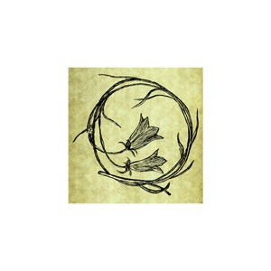 May include: A black and white line drawing of two bellflowers on a vine, forming a circle on a textured, light brown background.