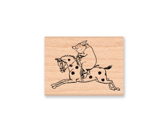 PIG AND PONY Rubber Stamp~Whimsical Fun Fair Carousel~Memerry Go Round~wood mounted rubber stamp (30-10)