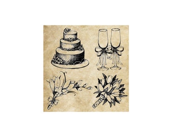 WEDDING Rubber Stamps~Cake~Champagne Glasses~Toast~Bridal Bouquets Flowers~Bride and Groom~Bridal Shower~Set Cling Stamps  (57-06/07/13/16)