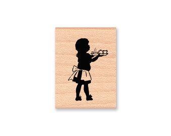 Vintage Tea Party Rubber Stamp~Little Girls Tea Party~Tea Time~Serving Tea~Get Well~Silhouette~Young Children~Wood Mounted (15-12)