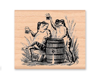 CHEERS-TOASTING FROGS-beer drinking frogs- wood mounted rubber stamp (32-27)