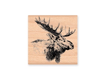 MOOSE RUBBER STAMP~Moose Illustration~Bull Moose~Wood Mounted Rubber Stamp from Mountainside Crafts (17-02)