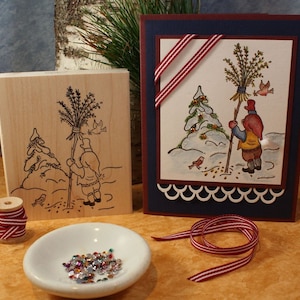 Christmas Nisse Elf Rubber Stamp~Tomte Feeding the Birds~Scandinavian Holiday Tradition~Wood Mounted Rubber Stamp(02-13)
