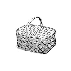 May include: A black and white illustration of a woven picnic basket with a handle.
