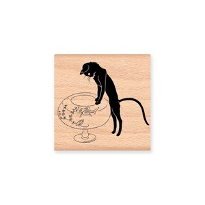 Cat and Fish Rubber Stamp~Black Kitty and Goldfish~Kitten and Fishbowl~Wood Mounted Rubber Stamp by Mountainside Crafts (19-14)