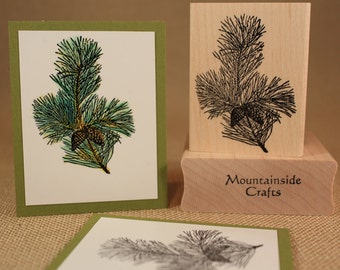 Pine Bough with Pine Cones Rubber Stamp~Scoth Pine Bough~Evergreen Bough Branch~Wood Mounted Rubber Stamp (24-03)