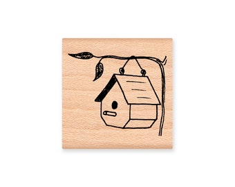 BIRDHOUSE rubber stamp~house on branch~bird house~birds nesting~Craft Stamp~Wood Mounted Rubber Stamp by Mountainside Crafts (MCRS 27-03)