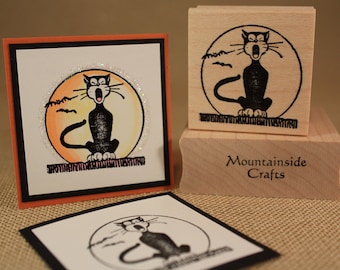 HALLOWEEN BLACK CAT Rubber Stamp~Howling Black Cat on Fence~Cat Bat and Moon~Halloween Party Favors~Wood Mounted~Mountainside Crafts (22-18)