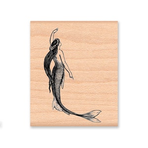 MERMAID RUBBER STAMP~Ocean Mermaid Beach Stamp~Vintage Illustration~Wood Mounted Rubber Stamp (39-13lg )