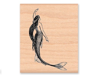 MERMAID RUBBER STAMP~Ocean Mermaid Beach Stamp~Vintage Illustration~Wood Mounted Rubber Stamp (39-13lg )