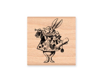 WHITE RABBIT STAMP Alice in Wonderland Rabbit Party Announcement or Invitation Save the Date Alice Birthday Party Favor Rubber Stamp (27-09)