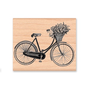 VINTAGE BICYCLE Rubber Stamp~Bike and Basket of Flowers~Women Old Fashioned Bike~two sizes large or small (15-15sm)(38-16lg)