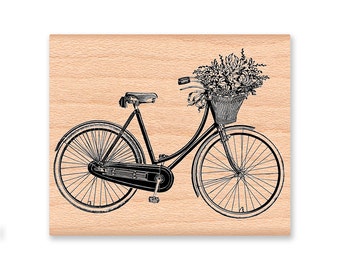 VINTAGE BICYCLE Rubber Stamp~Bike and Basket of Flowers~Women Old Fashioned Bike~two sizes large or small (15-15sm)(38-16lg)