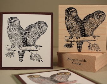 OWL PAIR Rubber Stamp~Two Owls on Branch~Owl Couple~Wood Mounted Rubber Stamp by Mountainside Crafts (20-17)