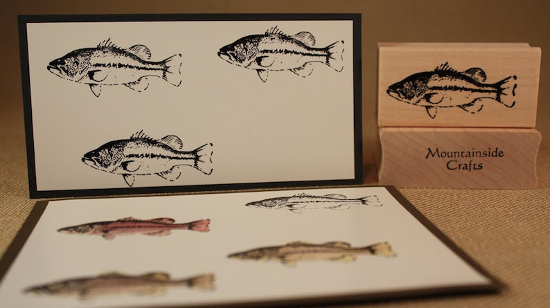 May include: Four black and white images of bass fish on white card stock. The images are printed on a card with a black border. Below the card is a brown card with three coloured images of fish. The card also has the text "Mountainside Crafts" printed on it.