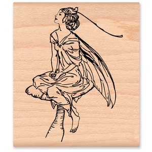 May include: A black and white line drawing of a fairy sitting on a mushroom. The fairy has wings and is looking up.
