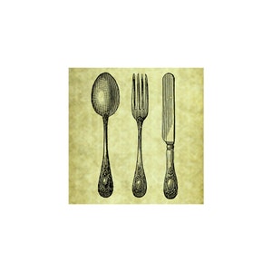 May include: A vintage illustration of a spoon, fork, and knife on a textured, beige background.