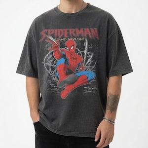 May include: A charcoal grey short-sleeve t-shirt featuring a graphic print of the Marvel character Spider-Man in a crouching pose. The text SPIDERMAN and BRAND NEW DAY is printed in red and white above the character against a dark city background.