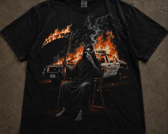 Grim Reaper Burning Cop Car Shirt, Vintage Horror Graphic Tee, Dark Metal Comfort Colors® T-Shirt, y2k