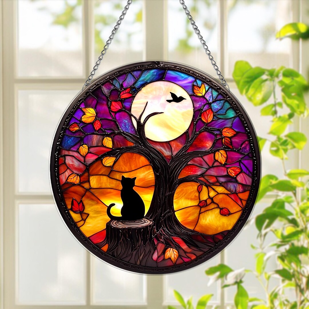 Black Cat Stained Glass Suncatcher Window Hanging Decoration, Autumn ...