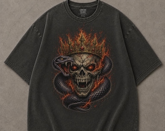 Flaming Skull Snake Crown Comfort Colors Shirt, Gothic Fire Serpent Graphic Tee, Dark Vintage Heavy Metal Streetwear T-Shirt