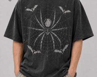 Gothic Spider Web Shirt, Comfort Colors Pepper Tee, Vintage Halloween Graphic , Y2K Emo Streetwear, Bat Spider Shirt