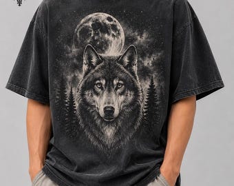 Lone Wolf Moon Shirt, Comfort Colors® Vintage Graphic Tee, Retro 90s Wolf T-Shirt, Y2K Grunge Faded Tee, Wild Nature Wolf Lover Gift