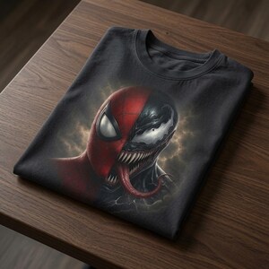 May include: A black crew neck t-shirt featuring a split-face graphic design. One side depicts a red masked character with a white eye, while the other side shows a black creature with a white eye, sharp teeth, and a long, protruding red tongue.