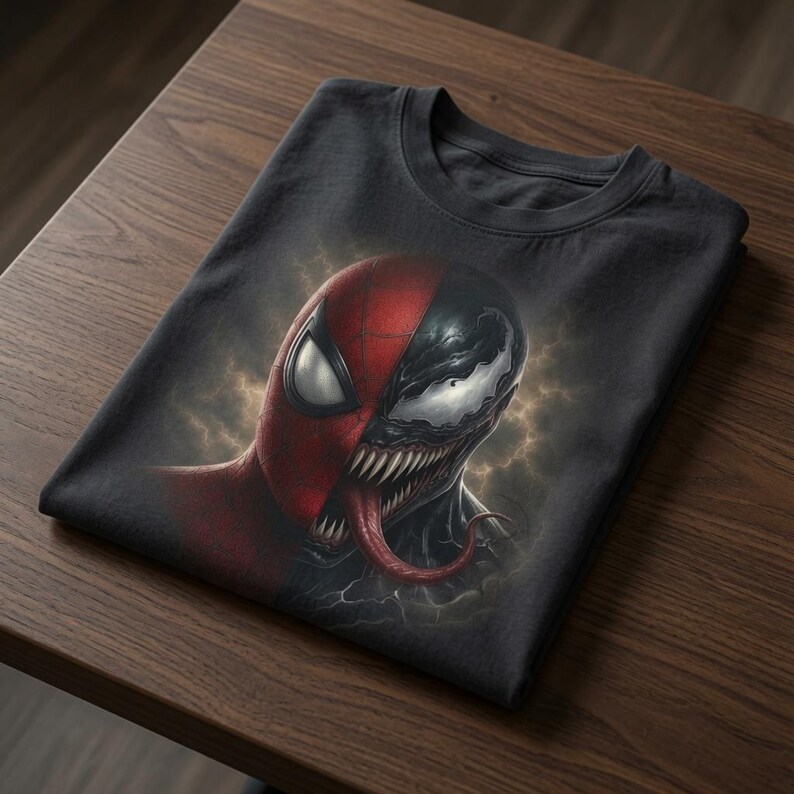 May include: A black crew neck t-shirt featuring a split-face graphic design. One side depicts a red masked character with a white eye, while the other side shows a black creature with a white eye, sharp teeth, and a long, protruding red tongue.
