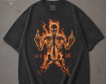 Flaming Skeleton Graphic Tee, Vintage Gothic Comfort Colors® Shirt, Dark Metal Skull T-Shirt, Grunge Streetwear Halloween Tee