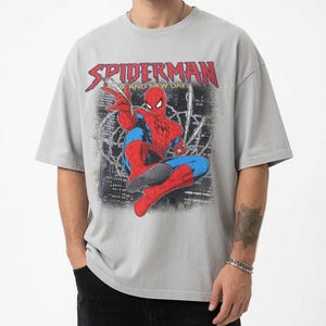 May include: A light gray short-sleeve t-shirt featuring a graphic print of the comic book character Spiderman in a dynamic pose. The text SPIDERMAN is printed in red above the character, with the words AND NEW DAY in yellow below it.