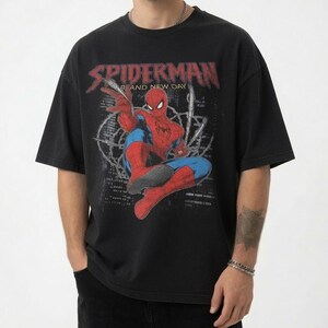 May include: A black short-sleeve t-shirt featuring a distressed graphic of the character Spiderman in red and blue. The text SPIDERMAN AND NEW DAY is printed in a weathered red font above the character, set against a dark city skyline background.