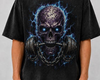 Electric Skull Gym Shirt, Gothic Workout Graphic Tee, Skull Dumbbell Shirt, Comfort Colors Pepper Tee, Dark Streetwear T-Shirt
