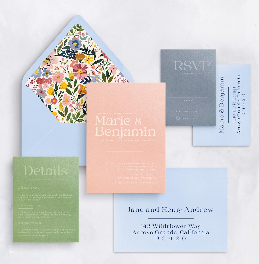 Pastel Color Block Wedding Invitation Set | Modern Colorful Invites - Etsy