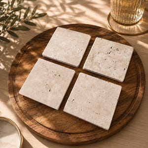 Puede incluir: Cuatro posavasos cuadrados de piedra travertino beige con una superficie porosa y texturizada natural. Los posavasos est&aacute;n dispuestos en una cuadr&iacute;cula sobre una tabla de servir redonda de madera marr&oacute;n oscuro, mostrando los detalles de la piedra.