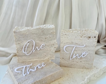 Può includere: Tre piccoli blocchi di pietra rettangolari di colore marrone chiaro con le parole "One", "Two" e "Three" scritte in bianco su di essi.