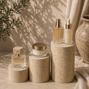 Supporto fotografico cilindrico in travertino, piedistallo rotondo in pietra per esposizione/esposizione di prodotti/piedistallo beige per gioielli e cosmetici.