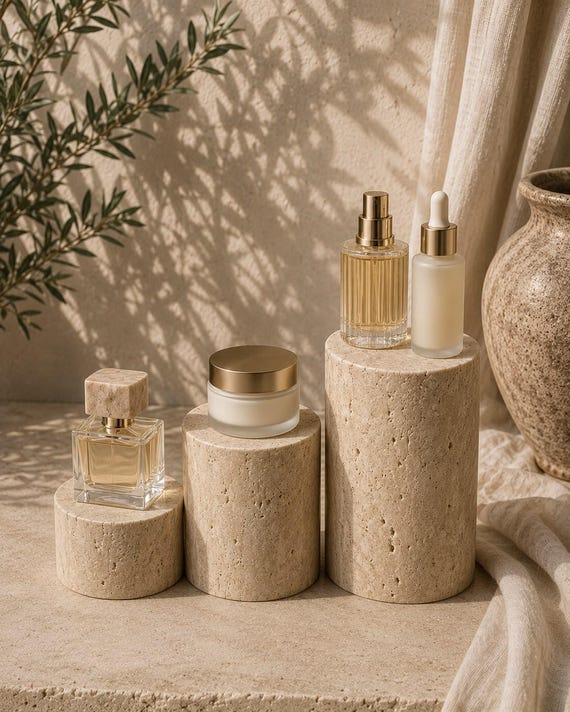 Travertine Cylinder Photography Prop, Round Stone Display Podium | Product Photo Riser | Beige Pedestal for Jewelry Cosmetics Styling
