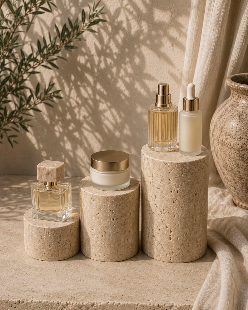 Puede incluir: Cuatro recipientes de cuidado de la piel y fragancias sobre tres pedestales cil&iacute;ndricos de piedra beige de distintas alturas. La colecci&oacute;n incluye un frasco de perfume cuadrado de cristal con tapa de piedra, un tarro de crema redondo, un pulverizador y un gotero.