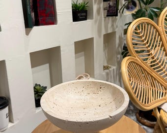 Handcrafted Travertine Pedestal Bowl | Natural Stone Centerpiece