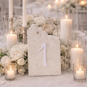 White - Beige Limestone Table Numbers , Summons | Wedding Organization Dinning Table Numbers-Signs |  Wedding Stone Table Numbers