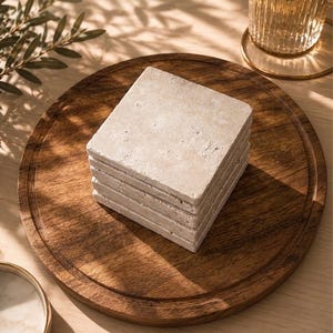 Puede incluir: Una pila de cuatro posavasos cuadrados de piedra beige porosa con una superficie natural y texturizada. Cada posavasos tiene una forma uniforme y una paleta de colores claros y neutros, mostrando el aspecto rugoso y picado de la piedra natural.