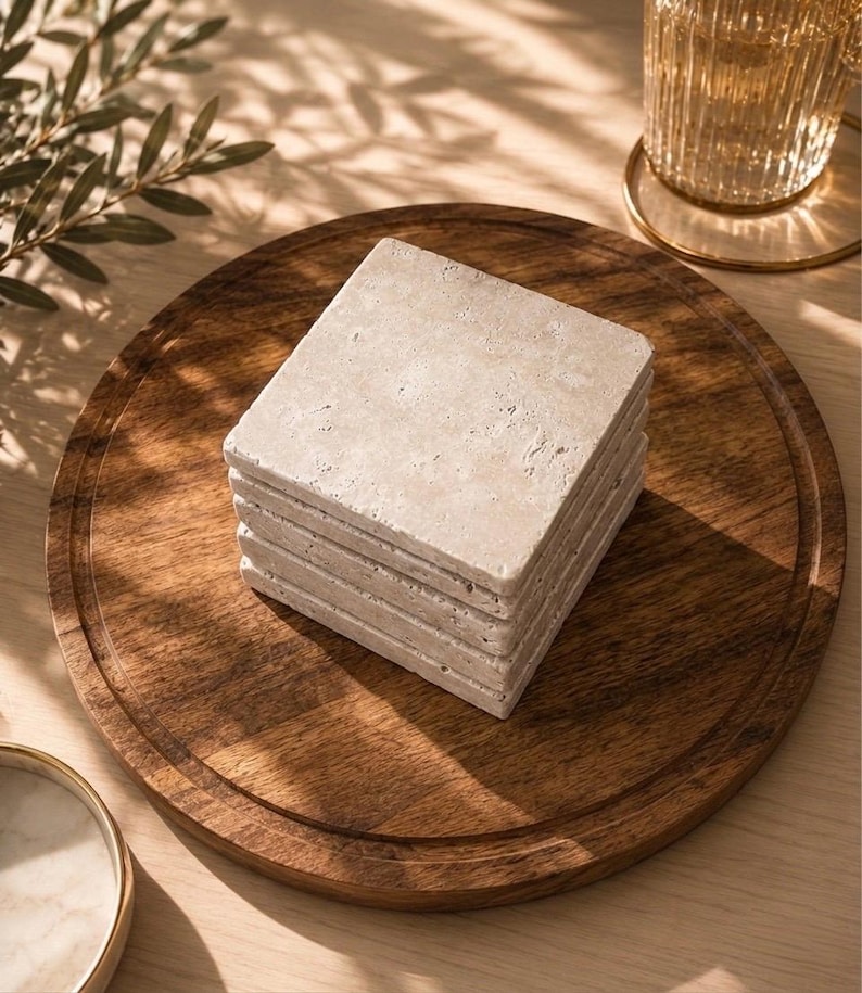 Puede incluir: Una pila de cuatro posavasos cuadrados de piedra beige porosa con una superficie natural y texturizada. Cada posavasos tiene una forma uniforme y una paleta de colores claros y neutros, mostrando el aspecto rugoso y picado de la piedra natural.