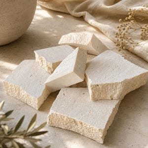 Espositore in travertino spezzato a 3 pezzi - Espositore in pietra calcarea / Rialzo per cosmetici e gioielli con bordo grezzo