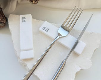 Personalized White Marble Cutlery Rest, Custom Engraved Knife Holder