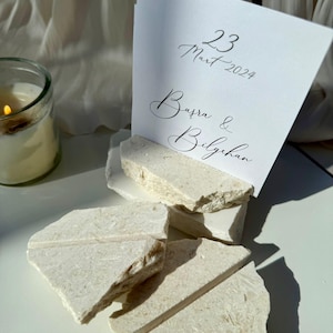 Porta-cartões em pedra calcária | Porta-cartões de mármore grande | Porta-cartões e cardápios em pedra branca | Peças decorativas para porta-cartões de mesa de casamento