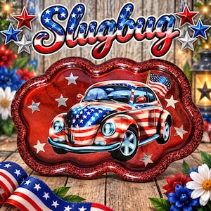 May include: A red, glittery, scalloped-edge tray featuring a graphic of a vintage car decorated with an American flag pattern. The word Slugbug is written in a stylized font above the car, which also displays a small American flag.